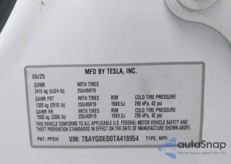 2026 Tesla Model Y Premium Rear-Wheel Drive из США, поврежденный, VIN 7SAYGDED0TA418954